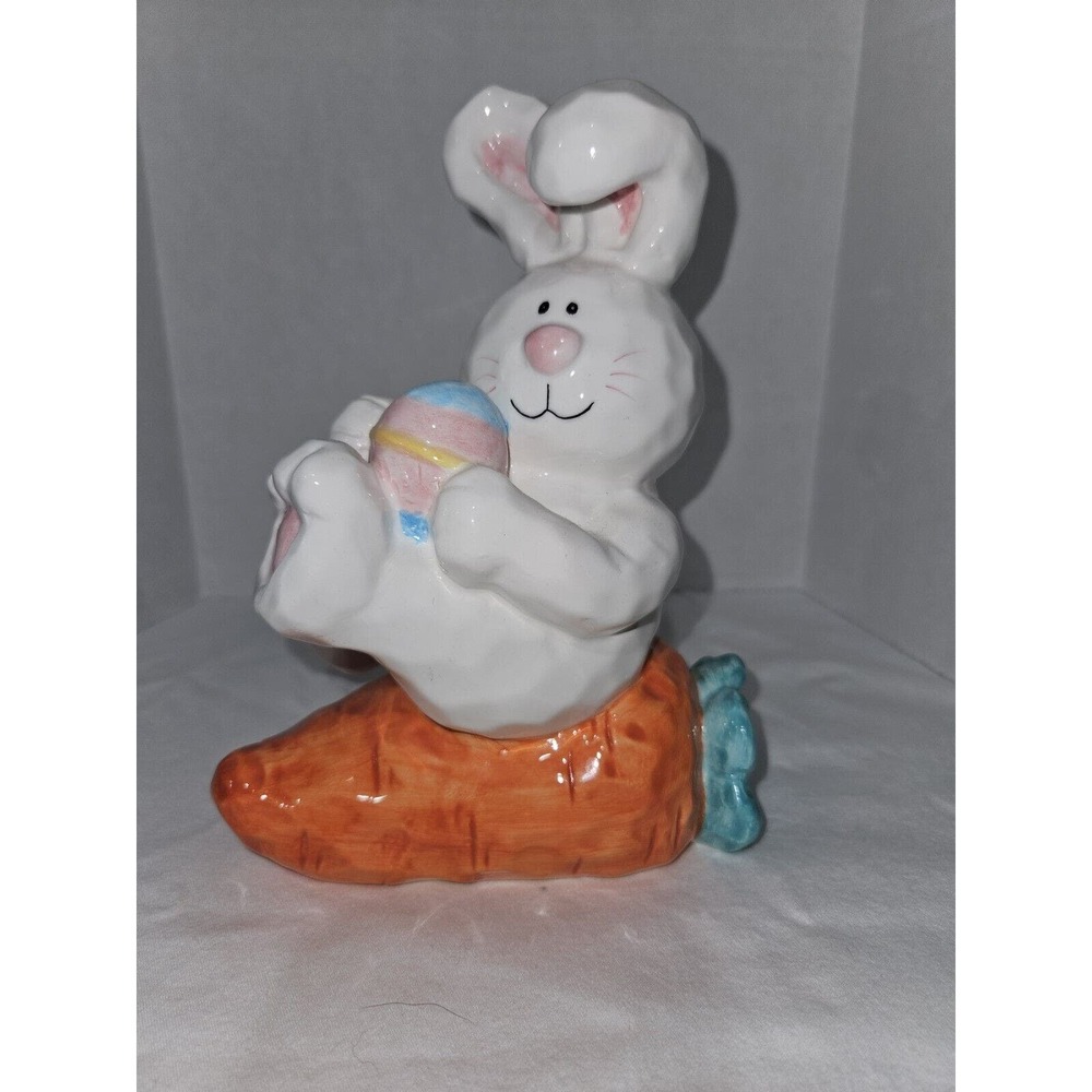 Dan Dee 6.5” Iridescent White Ceramic Easter Bunny Holding Egg Sitting On Carrot